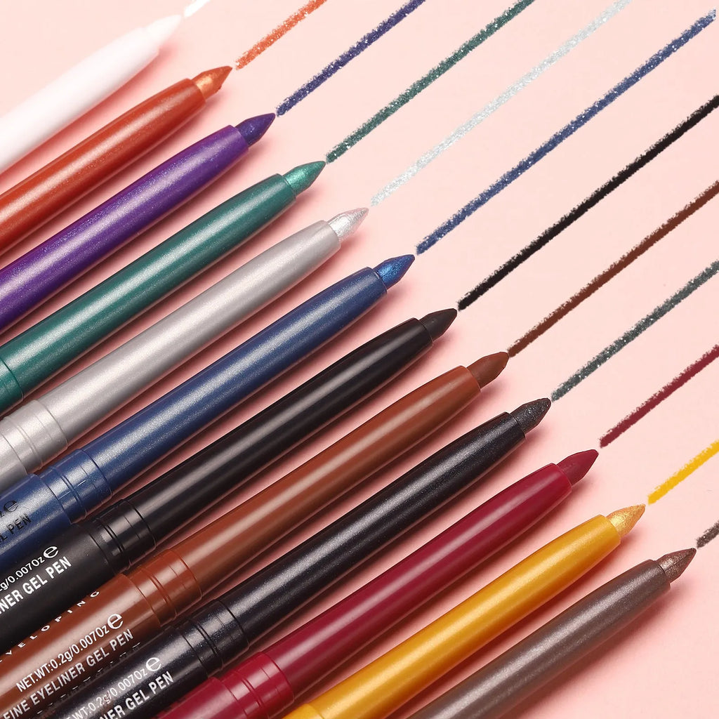 Set of 12 colourful gel glitter eyeliner pencils in vibrant shades for waterproof makeup