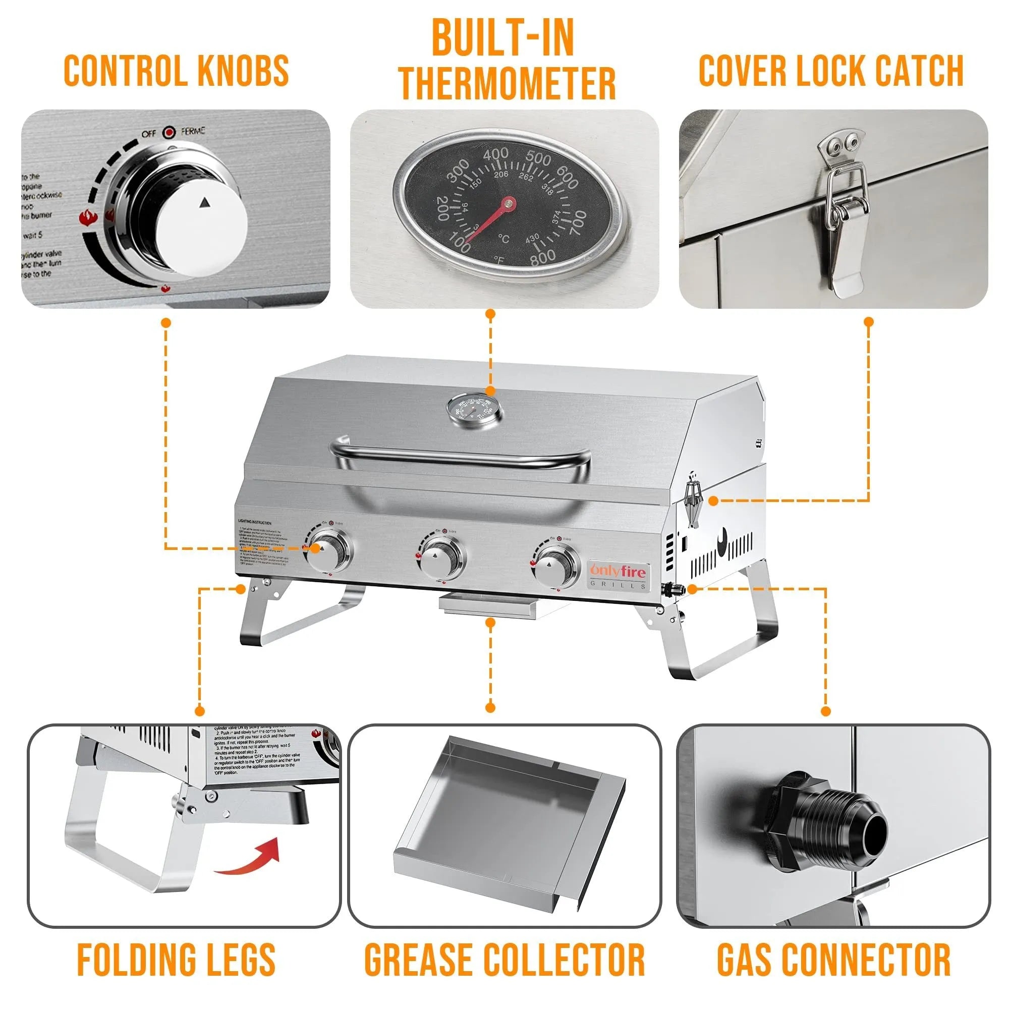 Silver portable desktop gas barbecue grill with three burners and foldable legs.