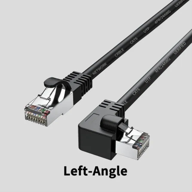 Cat6 Ethernet cable with right-angled metal RJ45 connectors in various colours including black, white, orange, and yellow.