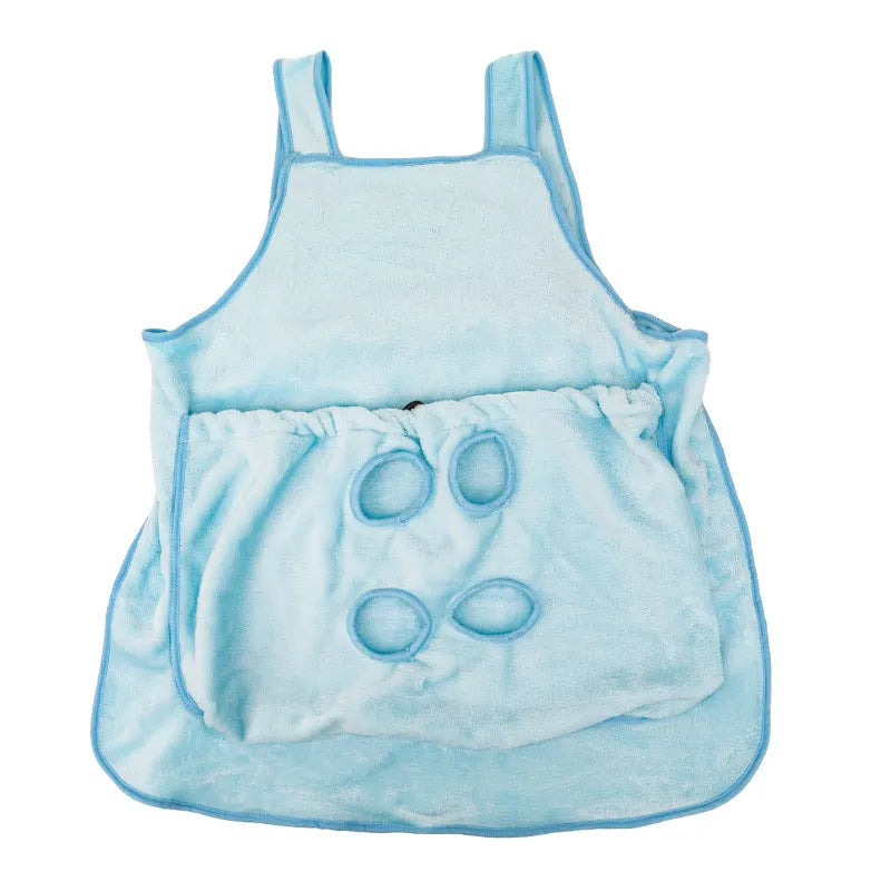 Plush pet carrier apron for small cats and dogs showing adjustable neck strap and pet opening
