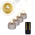 Set of four taupe LED tealight candles showing dimensions and flickering flame effect