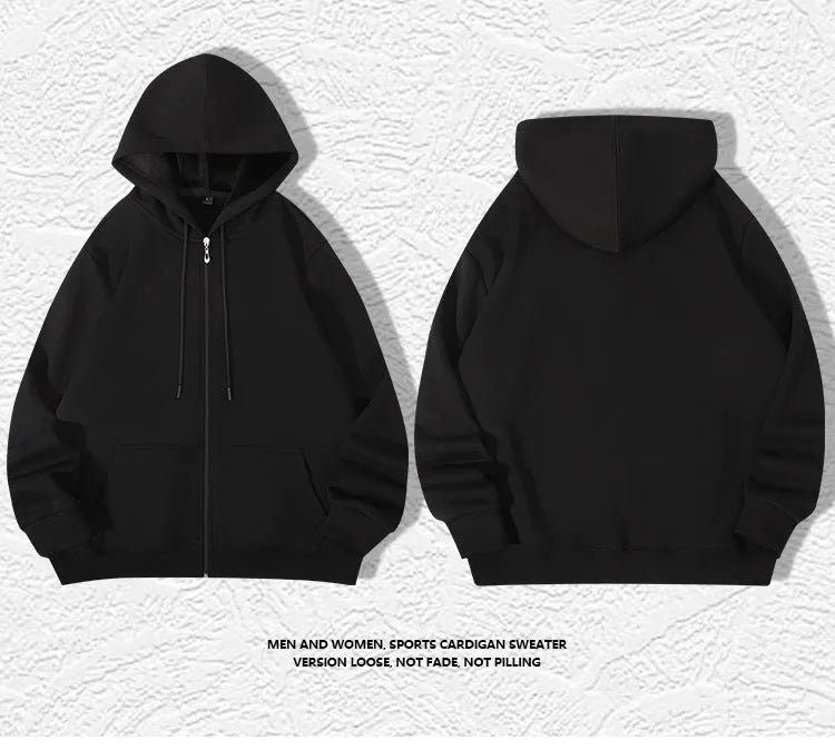 Men's heavyweight zip hooded sweater in charcoal grey showing front kangaroo pockets and adjustable hood