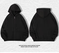 Men's heavyweight zip hooded sweater in charcoal grey showing front kangaroo pockets and adjustable hood