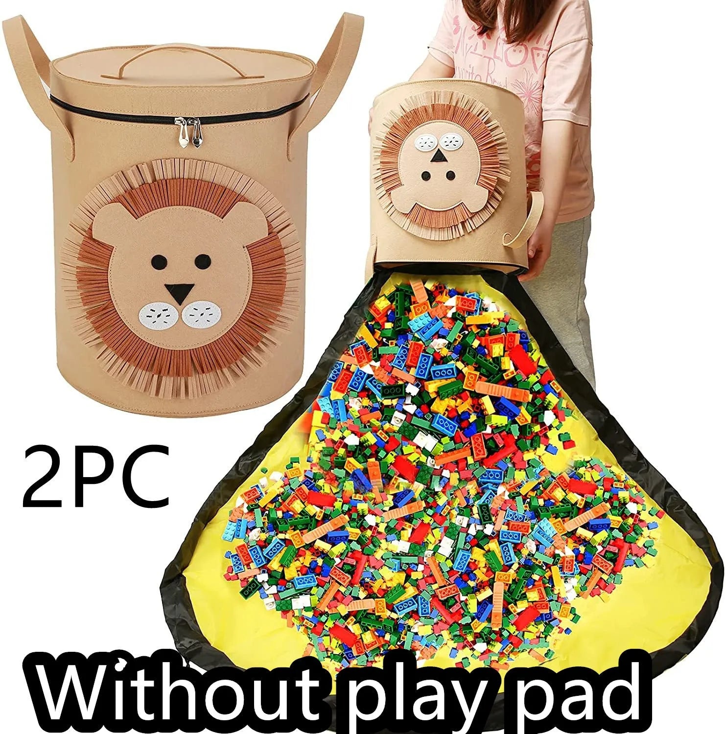 Green felt cube storage bag with pull rope shown as both a toy play mat and closed storage container