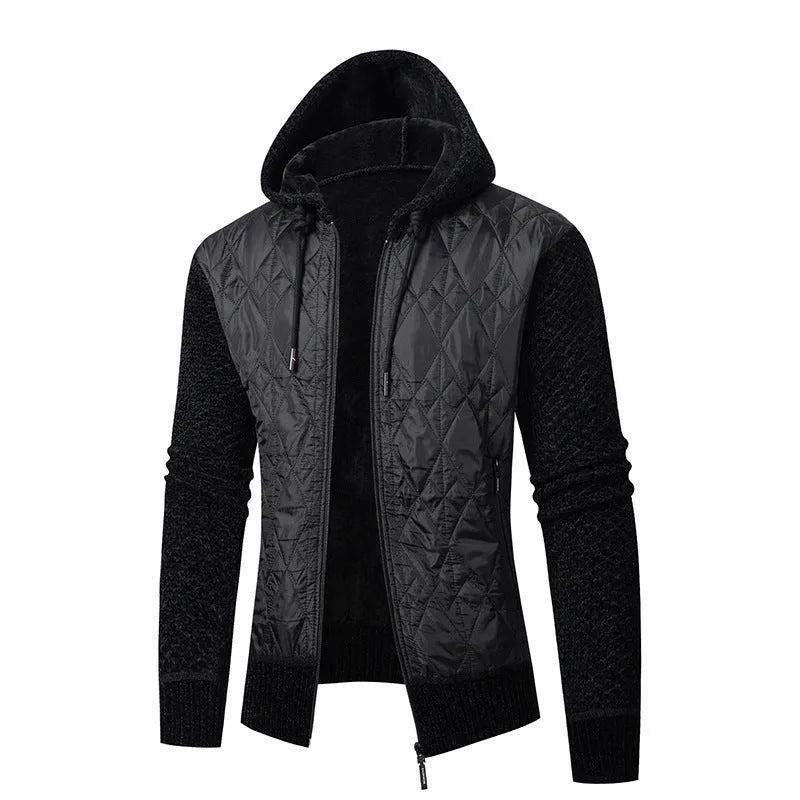 A grey men's hooded cardigan coat in wool and corduroy fabric with a cinched waist.