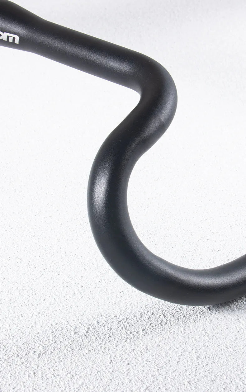 Black aluminium alloy road bike bent handlebar, 420mm wide with 31.8mm clamp.