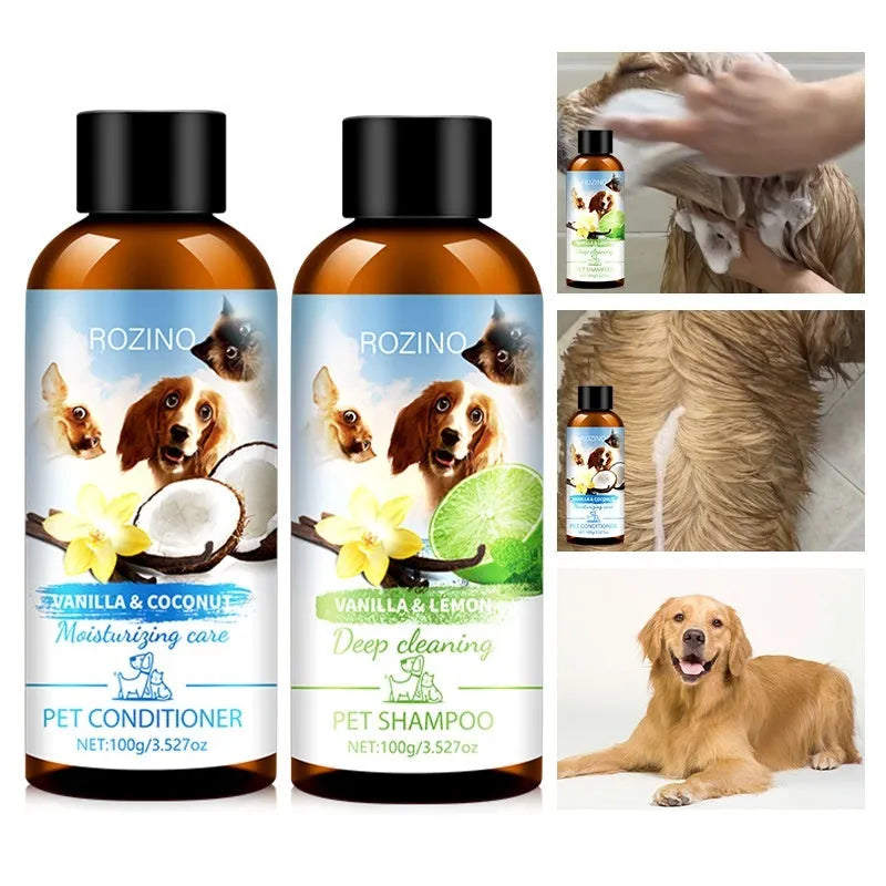 Pet wash nursing suite shampoo and conditioner set in two plastic bottles with labels