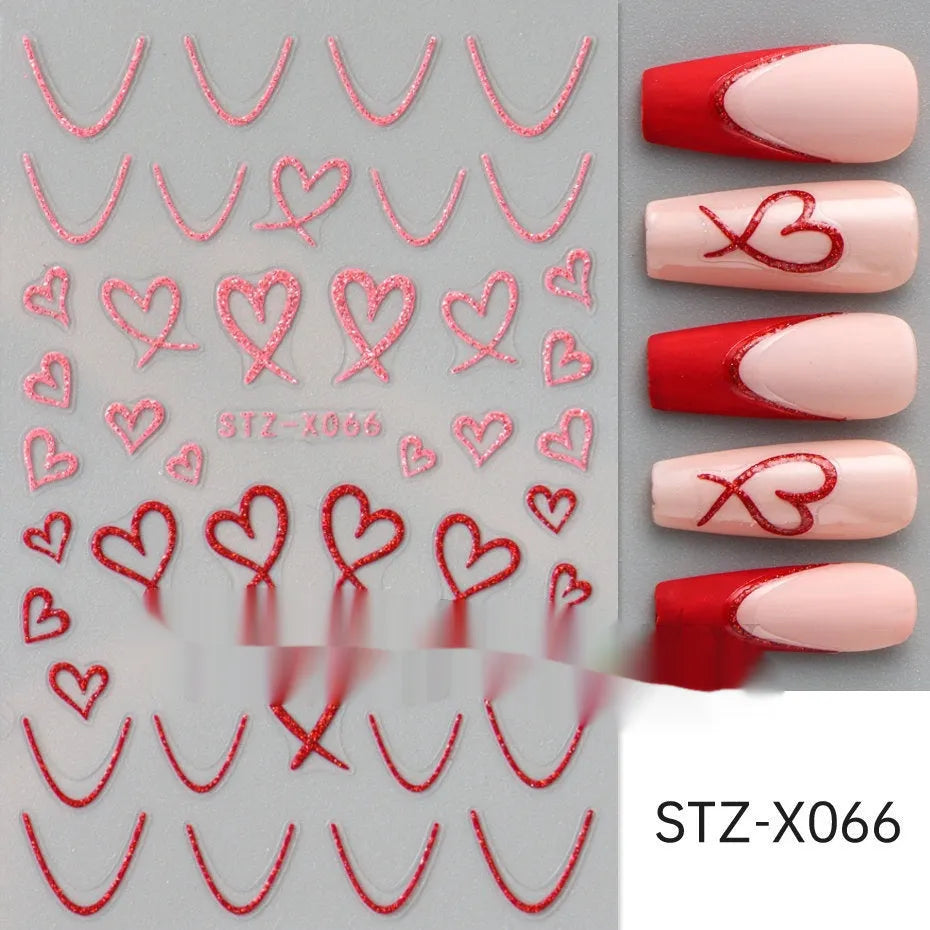 Pack of black and silver strip nail art stickers with cartoon and love pattern designs.