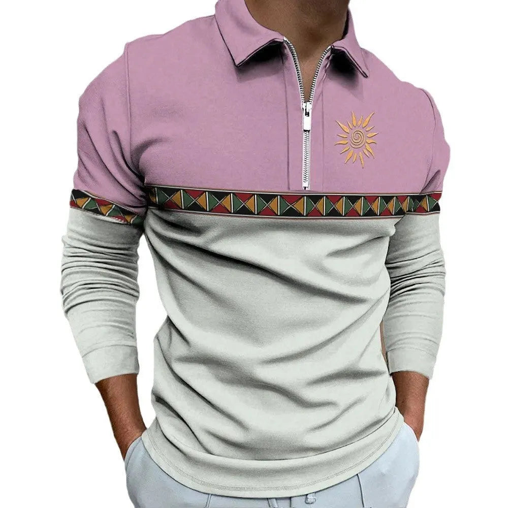 Man wearing a loose fit long sleeve t-shirt with retro colour printing and stripe pattern for golf or casual wear