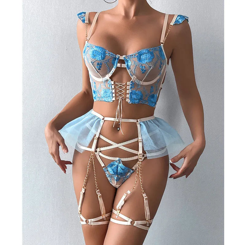 Light blue embroidered lace push-up bra set with transparent mesh design and matching underwear