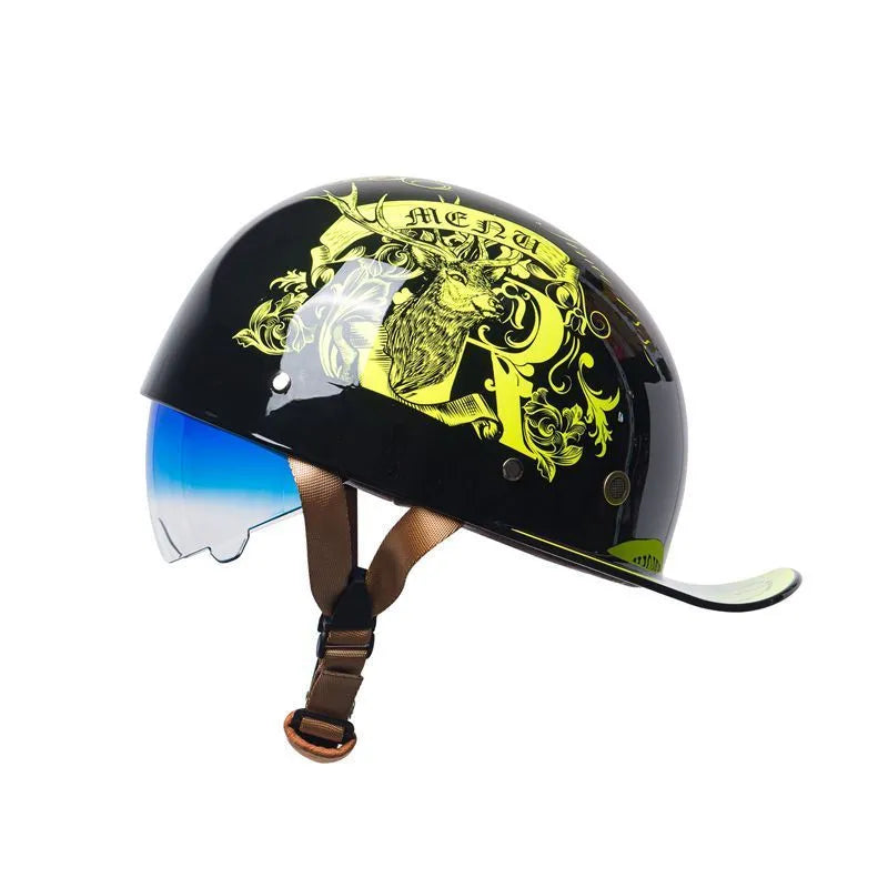 Men's retro half-helmet for electric bicycles in bright black-gradient blue with gradient blue lens