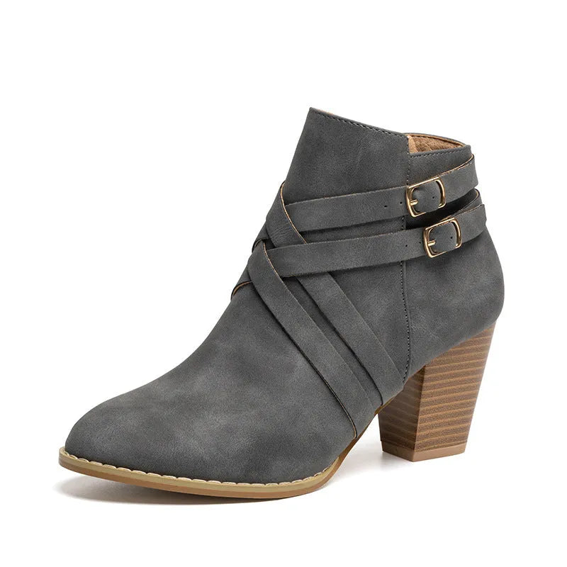 Gray plus size short boots with a 7cm stout heel, side zipper, and rubber sole.