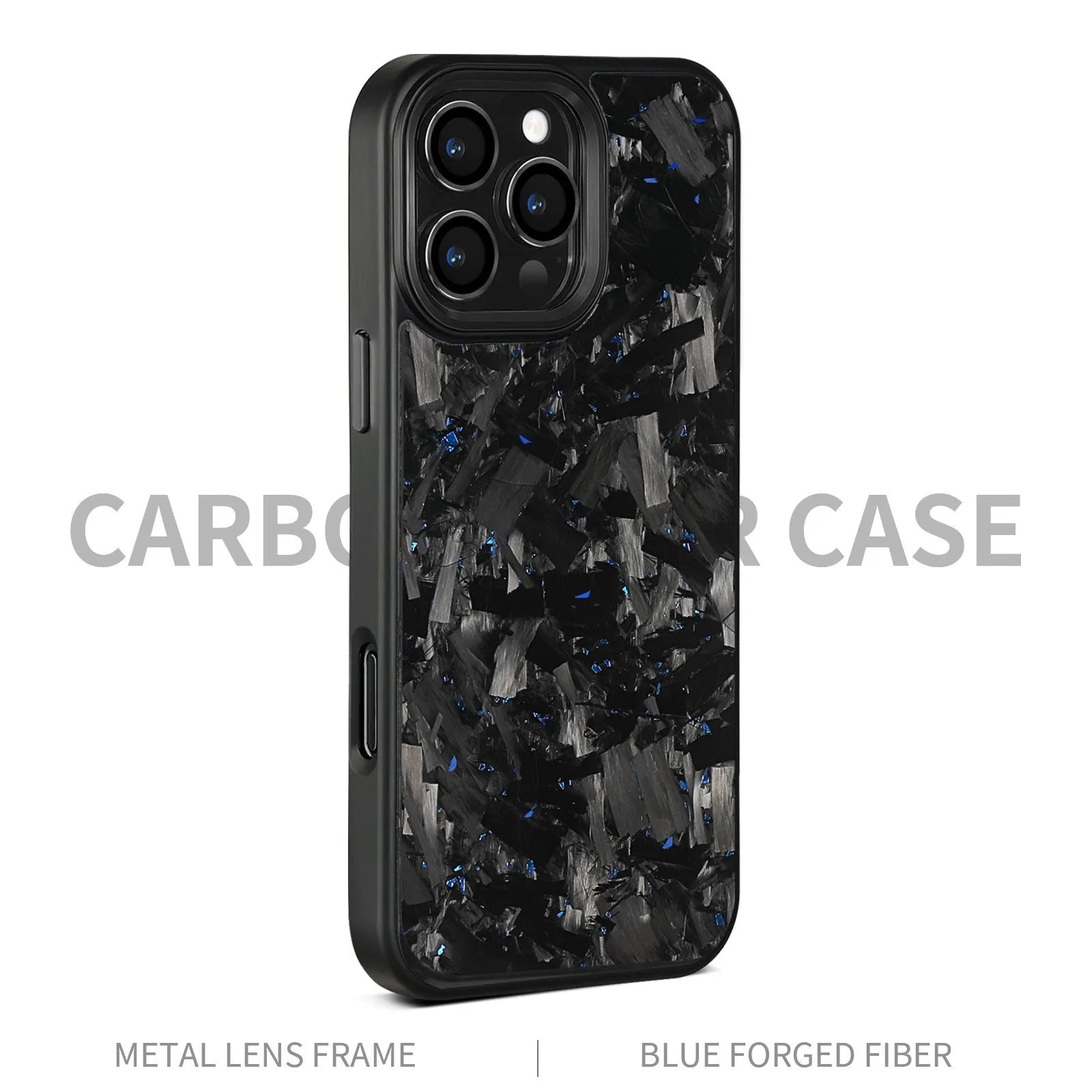 Black Frame blue gold carbon fibre iPhone case with a textured metal rim and built-in magnet.