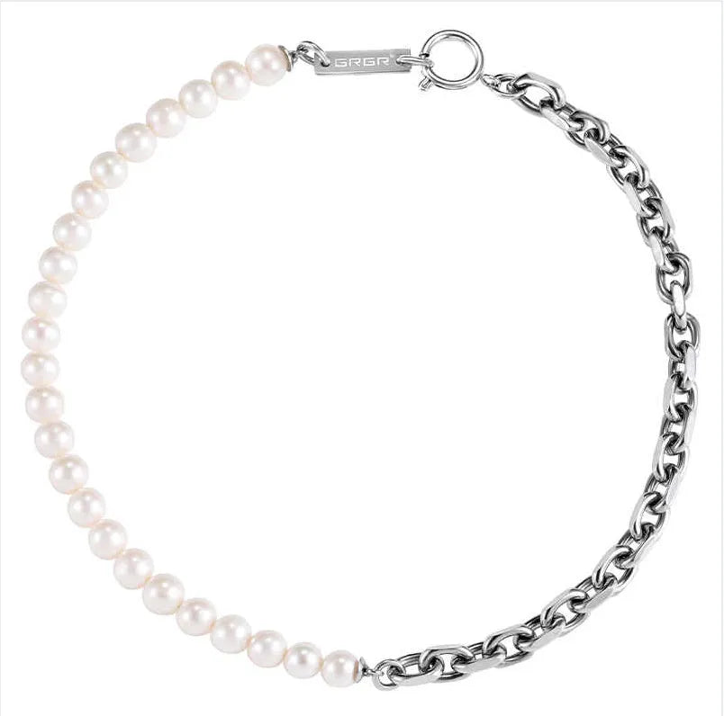 Unisex natural pearl necklace with titanium steel, white pearls 8mm width, 45cm or 50cm length