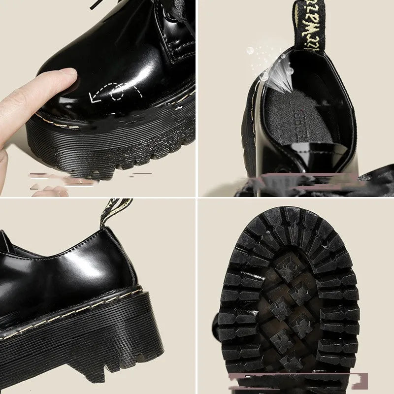 Women's white and black thick soled leather shoes with cross strap and ribbon detail on a superfine fibre upper.