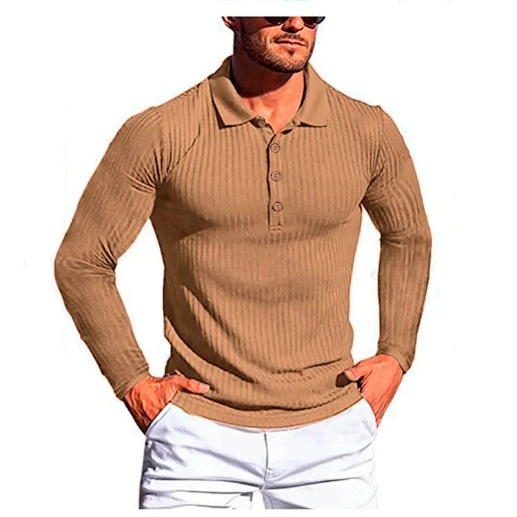 Man wearing a striped short-sleeve t-shirt in army green, showcasing the loose casual fit.