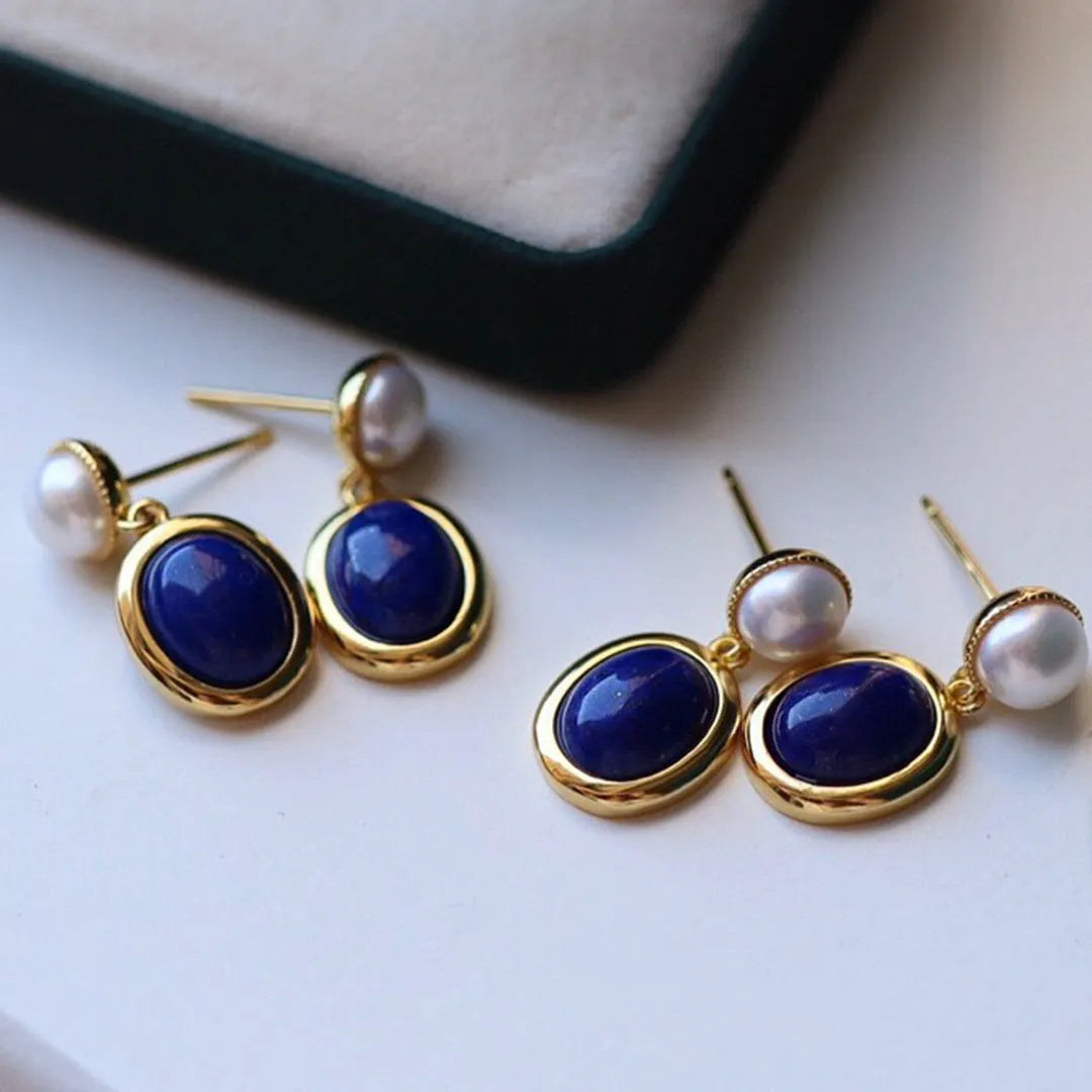 A pair of simple lapis lazuli pearl earrings made from 925 sterling silver with auspicious patterns.