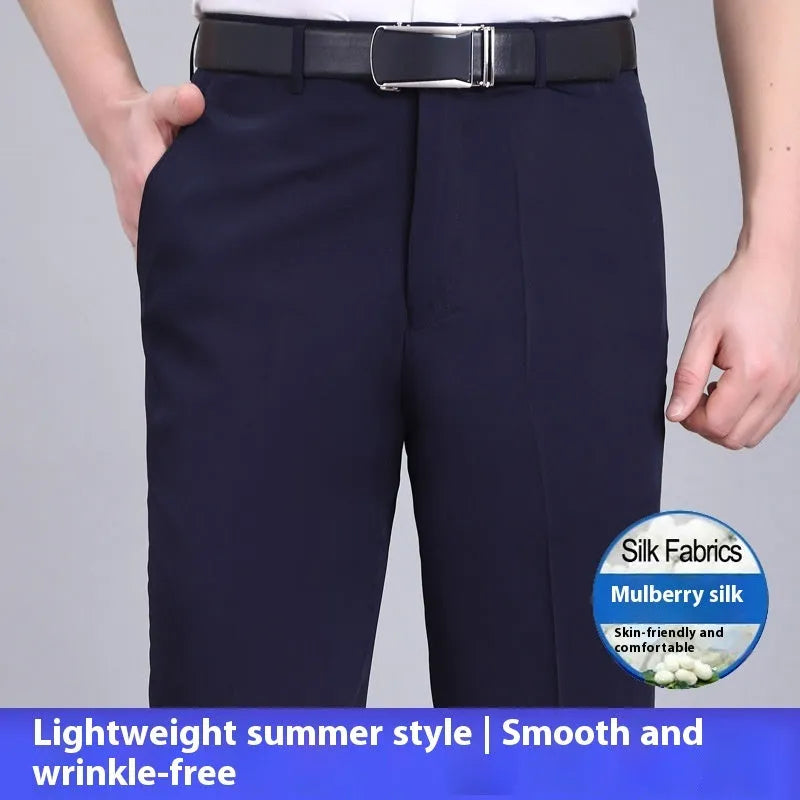 Men's straight-leg business trousers with high waist in mulberry silk blend fabric