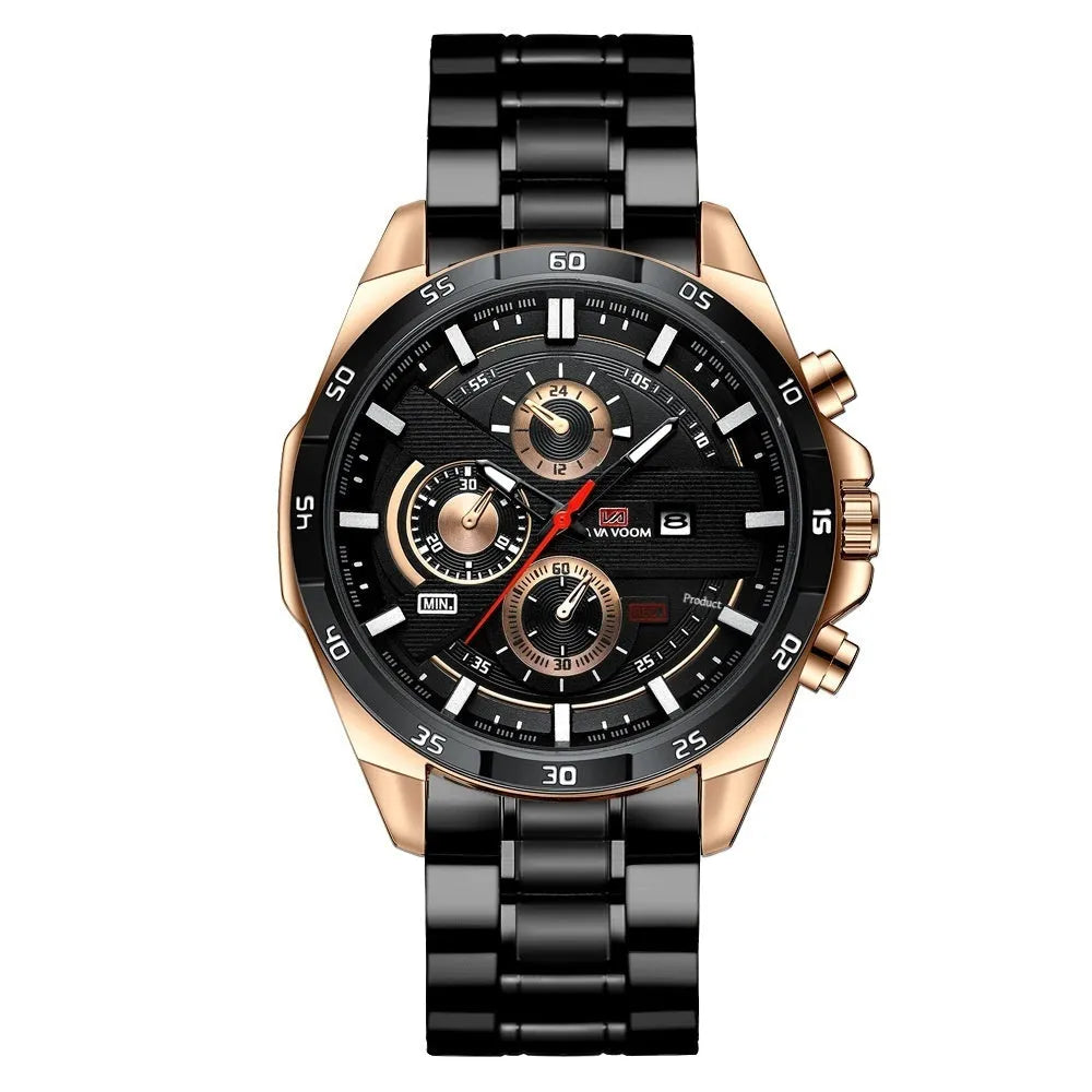 Men's casual quartz watch with leather strap and metal case in various colour combinations