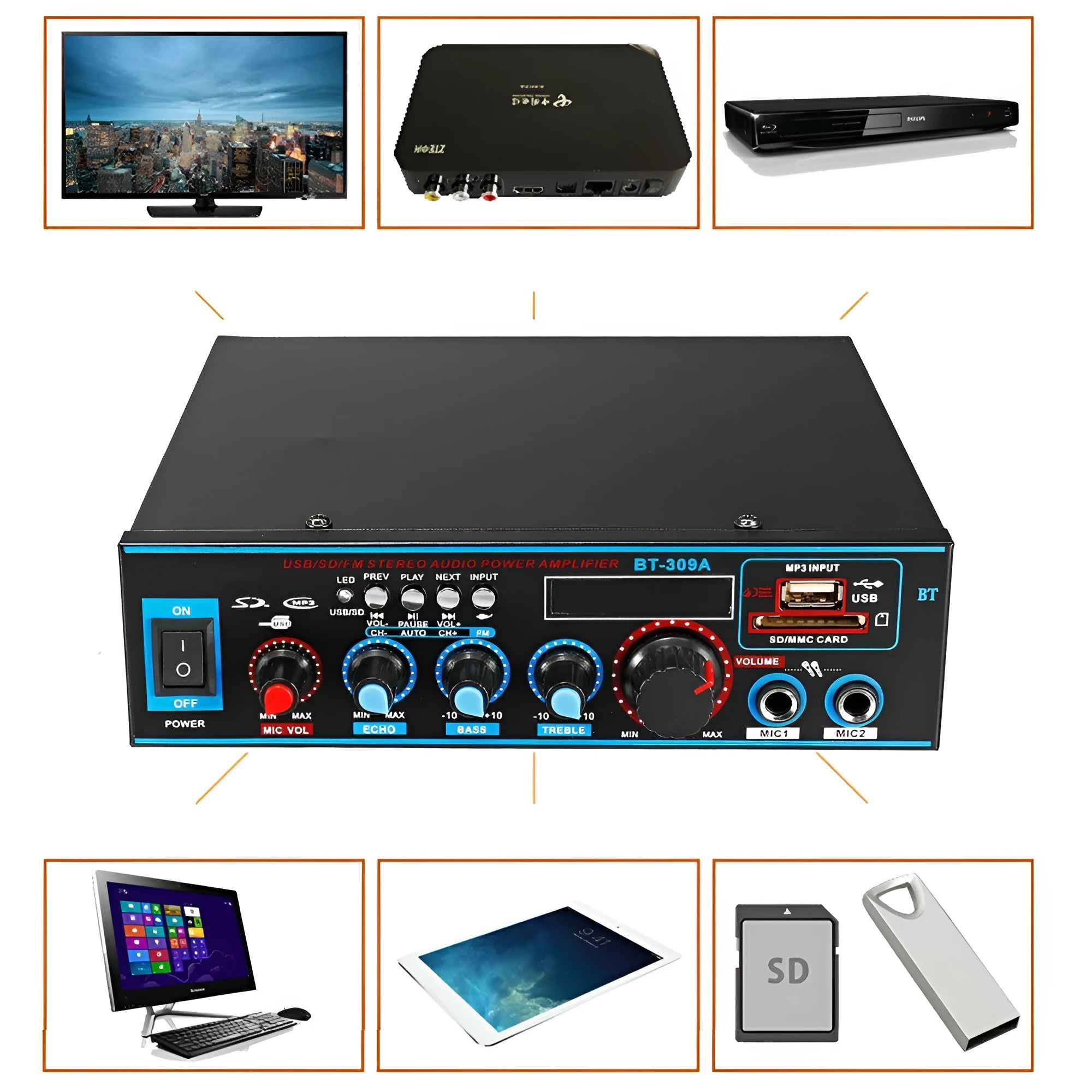 Black BT-309A-A Bluetooth power amplifier with recording function and dual voltage operation