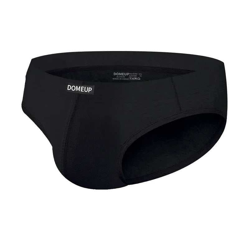 Men's solid colour low-waist seamless briefs in white, black, and pink on a size chart.