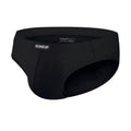 Men's solid colour low-waist seamless briefs in white, black, and pink on a size chart.