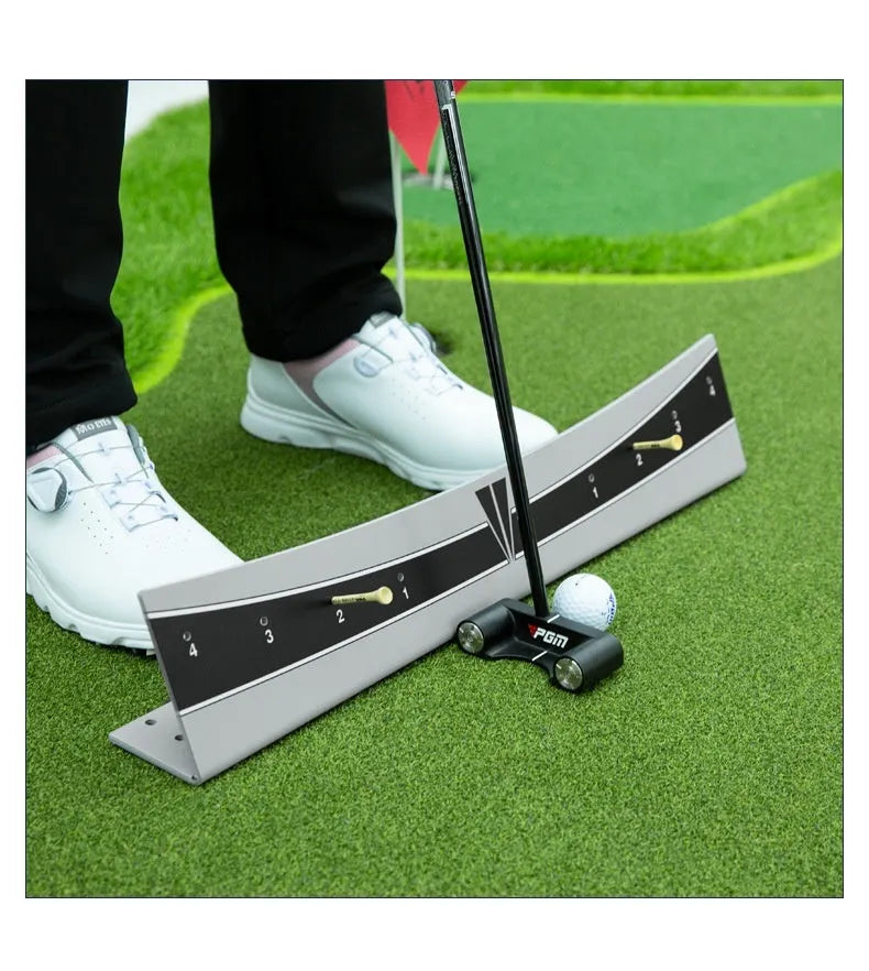 Golf putting trainer simulator with adjustable balancer on PVC base for stroke practice