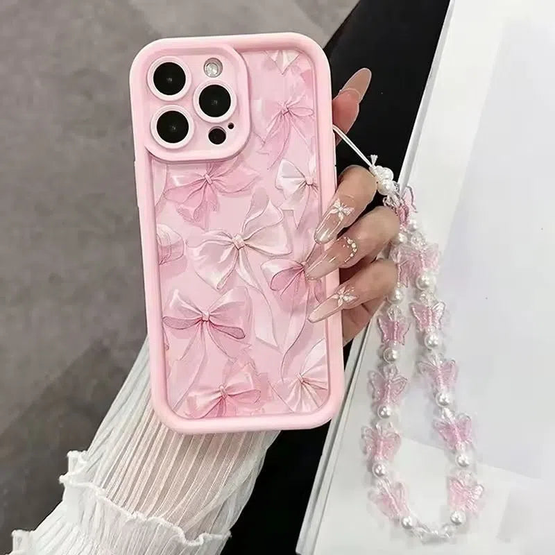 Pink matte silicone phone case with bow design and Tianyan ladder pattern for Apple iPhone