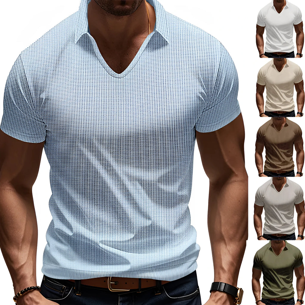 Men's loose fit V-neck short sleeve t-shirt in cotton blend fabric shown in multiple colour options
