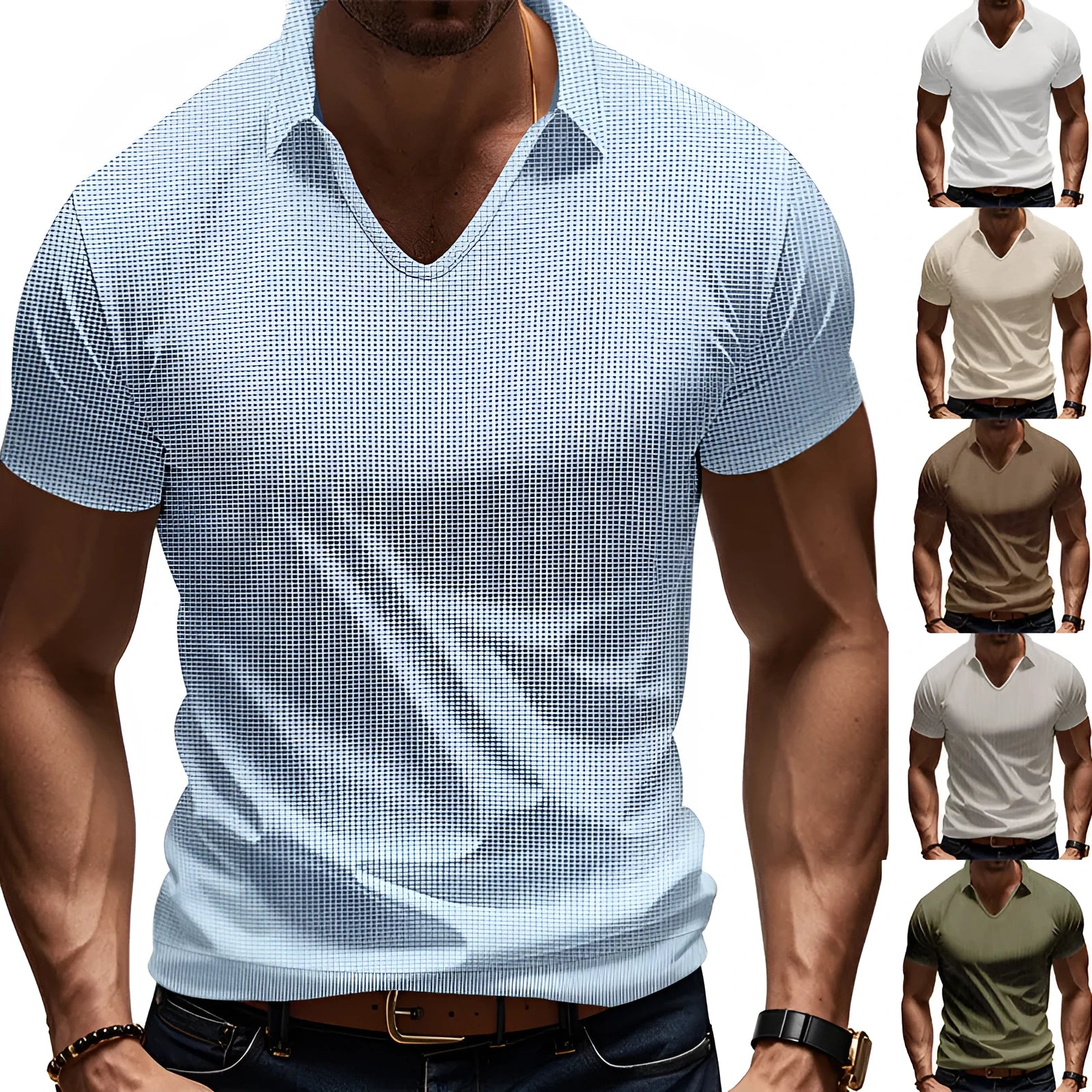 Men's loose fit V-neck short sleeve t-shirt in cotton blend fabric shown in multiple colour options