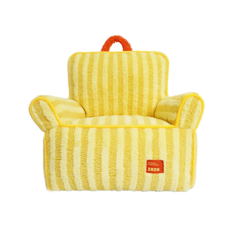 Striped soft velvet dog bed with removable cover in orange, purple, and yellow colour options.