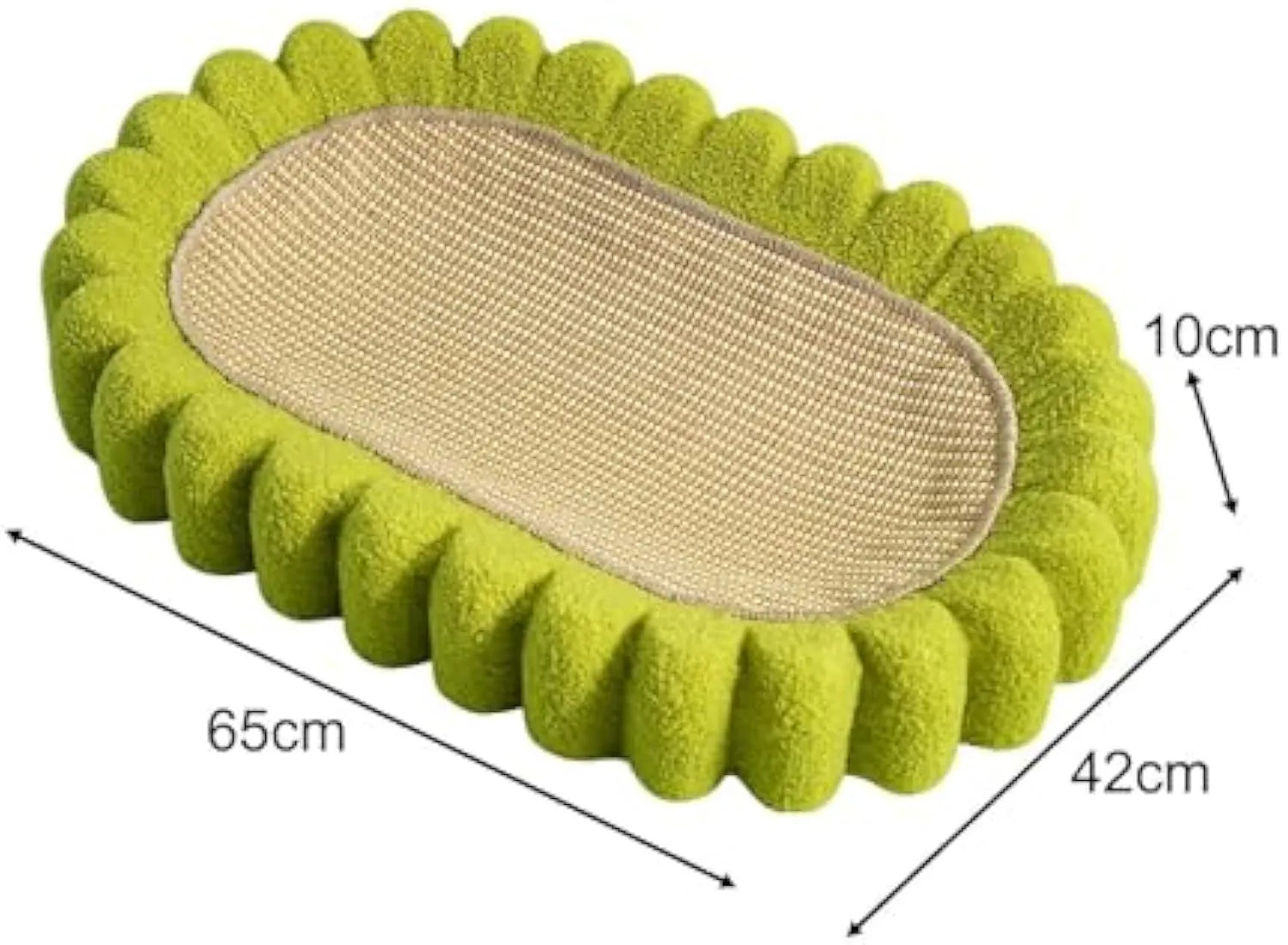 Green oval cat scratcher bed with sisal scratching surface measuring 65x42cm