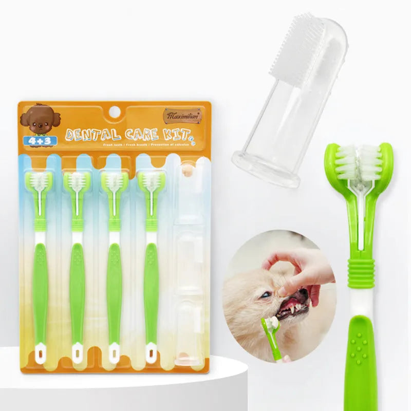 Green pet silicone finger toothbrush set with three-head dog toothbrush and PP handles on a light background