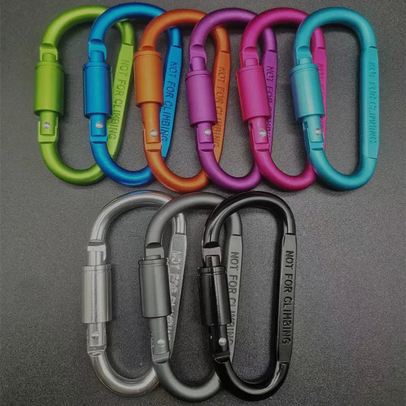 D-type aluminium carabiner with lock mechanism in bright colours measuring 8cm