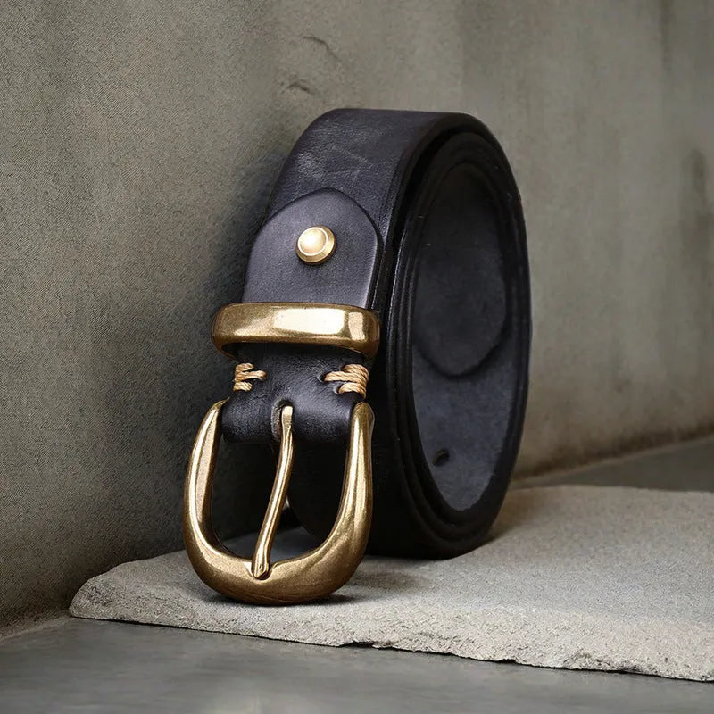 Men's black cattlehide leather casual belt with a copper pin buckle on a white background.