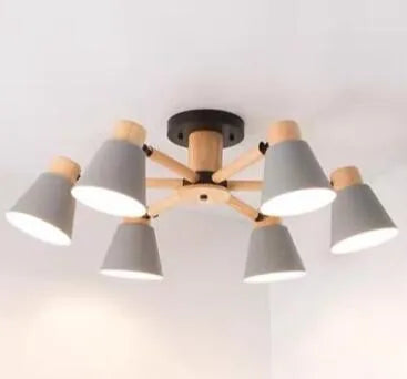 Nordic macaron ceiling pendant lamp with ironwood construction in multiple head configurations