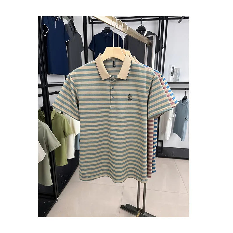 Man modelling a red striped short sleeve casual shirt with mosaic pattern detail.