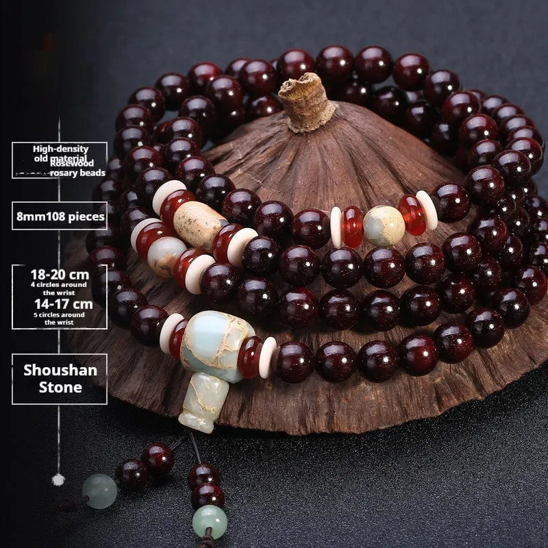 Men's traditional rosewood bracelet with 108 beads, showing lapis lazuli and turquoise accent styles.