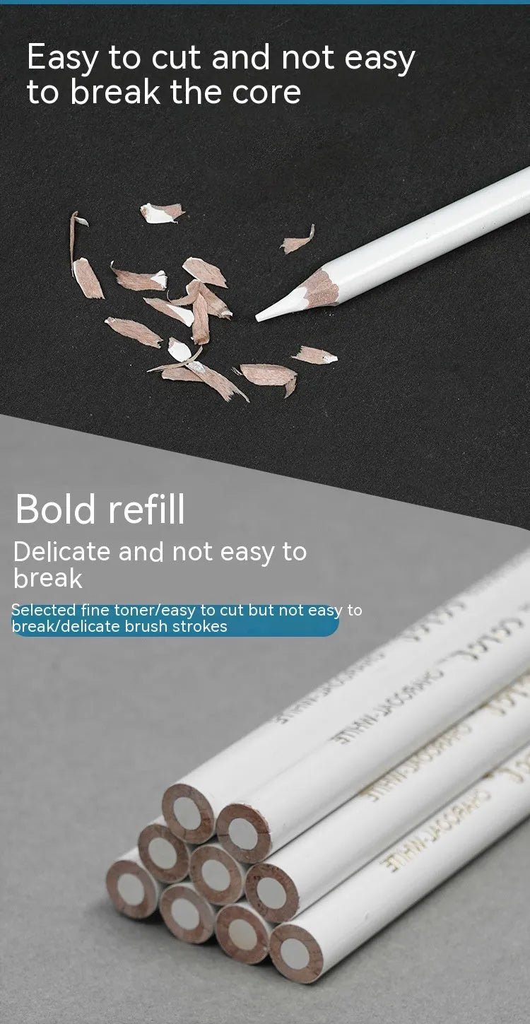 Set of three white charcoal drawing pencils with wooden barrels for sketching on dark paper.