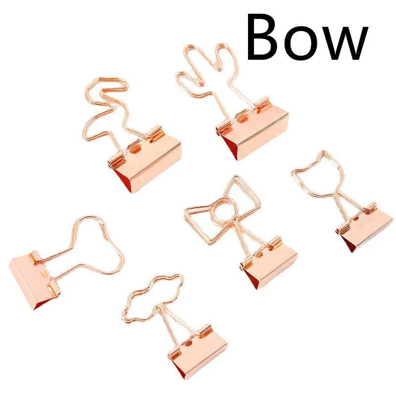 Gold plated metal office clip with decorative long tail design showing flamingo, love, clouds, cat, and cactus motif options