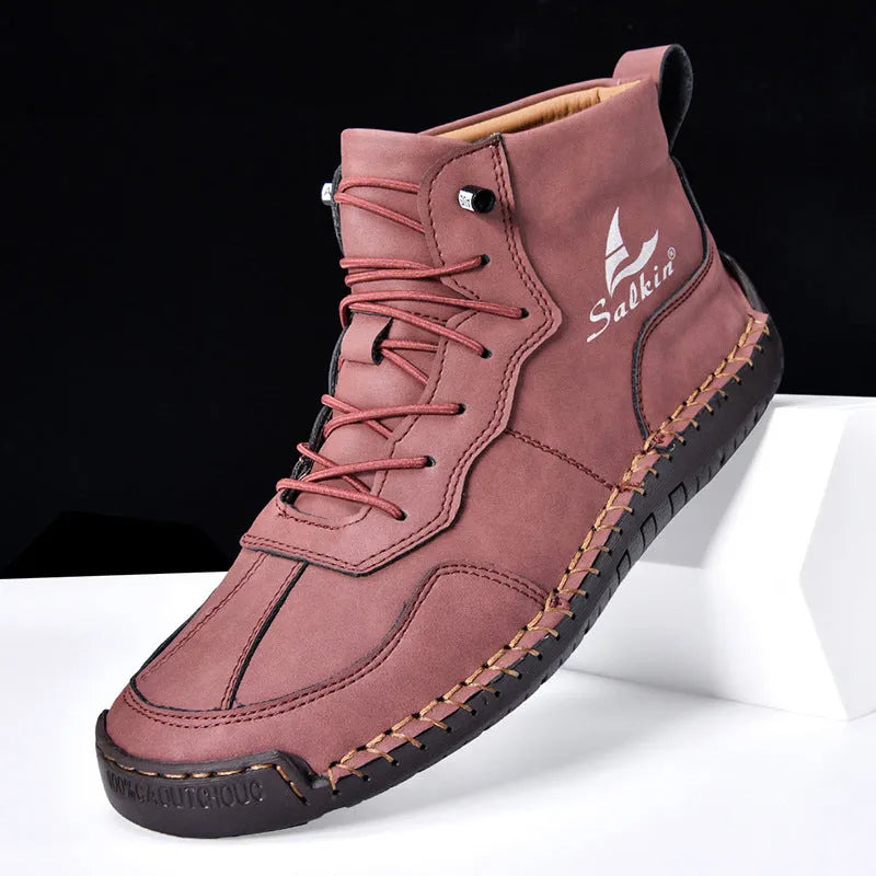 Men's retro-style high-top casual boots in frosted PU leather with elastic band closure and round toe.