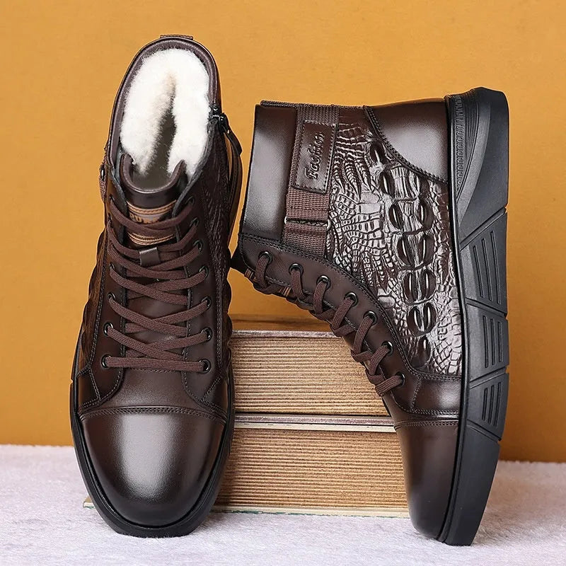 Men's black snow boots with fur lining, velvet trim, genuine leather upper, and rubber non-slip sole.