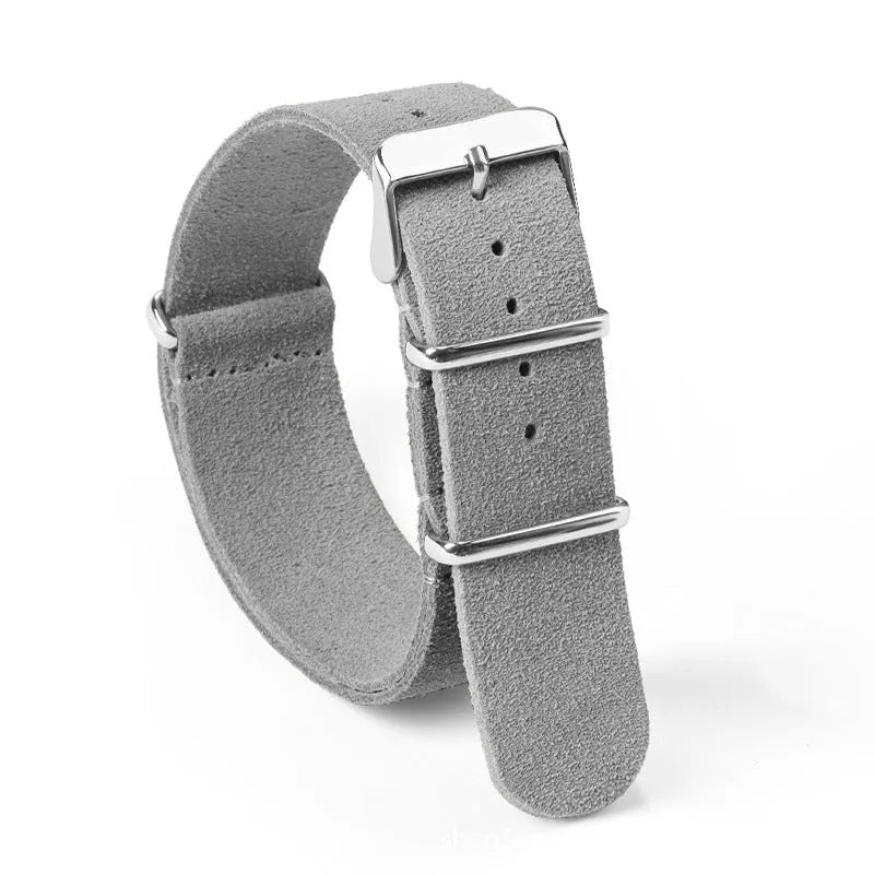Genuine leather watch strap with velvet finish in retro artistic style, 20mm width, black colour, on a light background