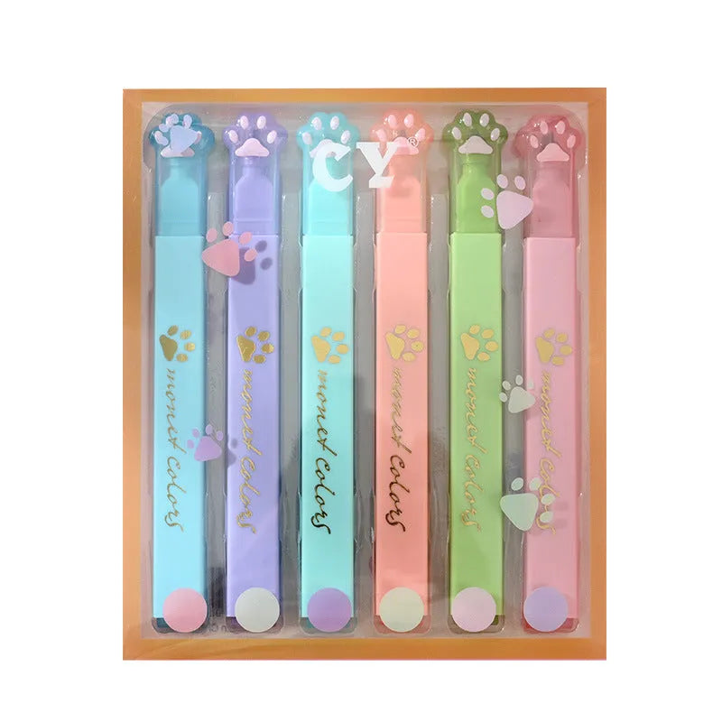 Cat's Paw fluorescent marking pen set showing six pens with oblique heads in a plastic box.
