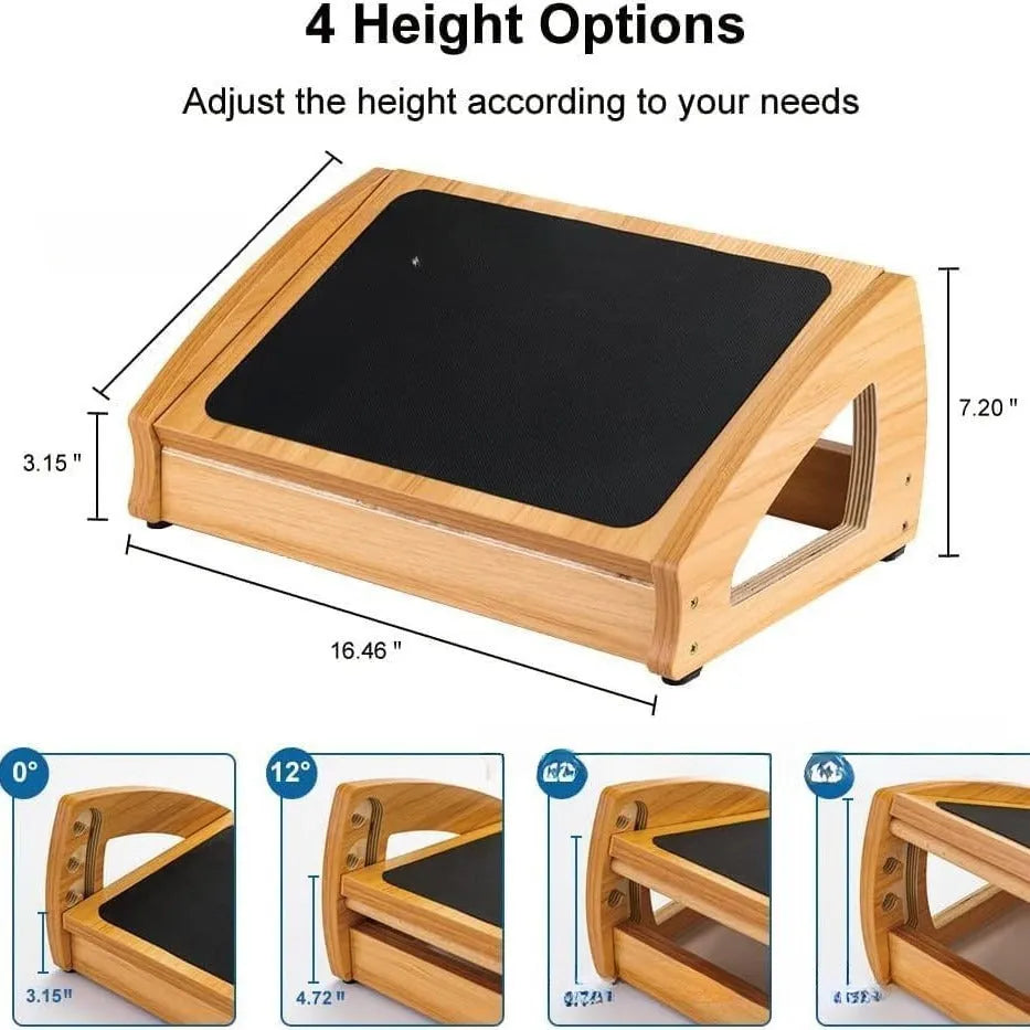 Wooden bamboo office desk footstool in a natural wood colour with a modern minimalist design.