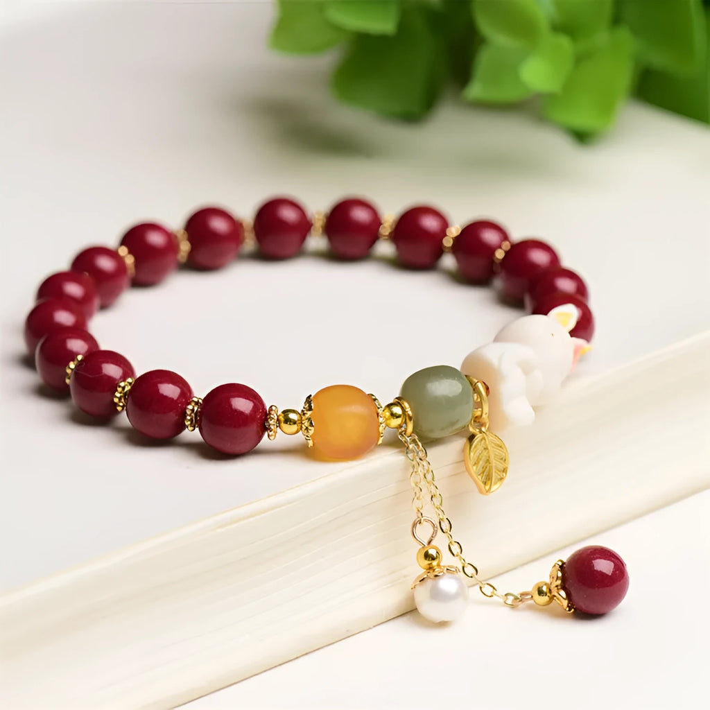 Natural beeswax purple gold sand bracelet with cinnabar rabbit motifs in national style