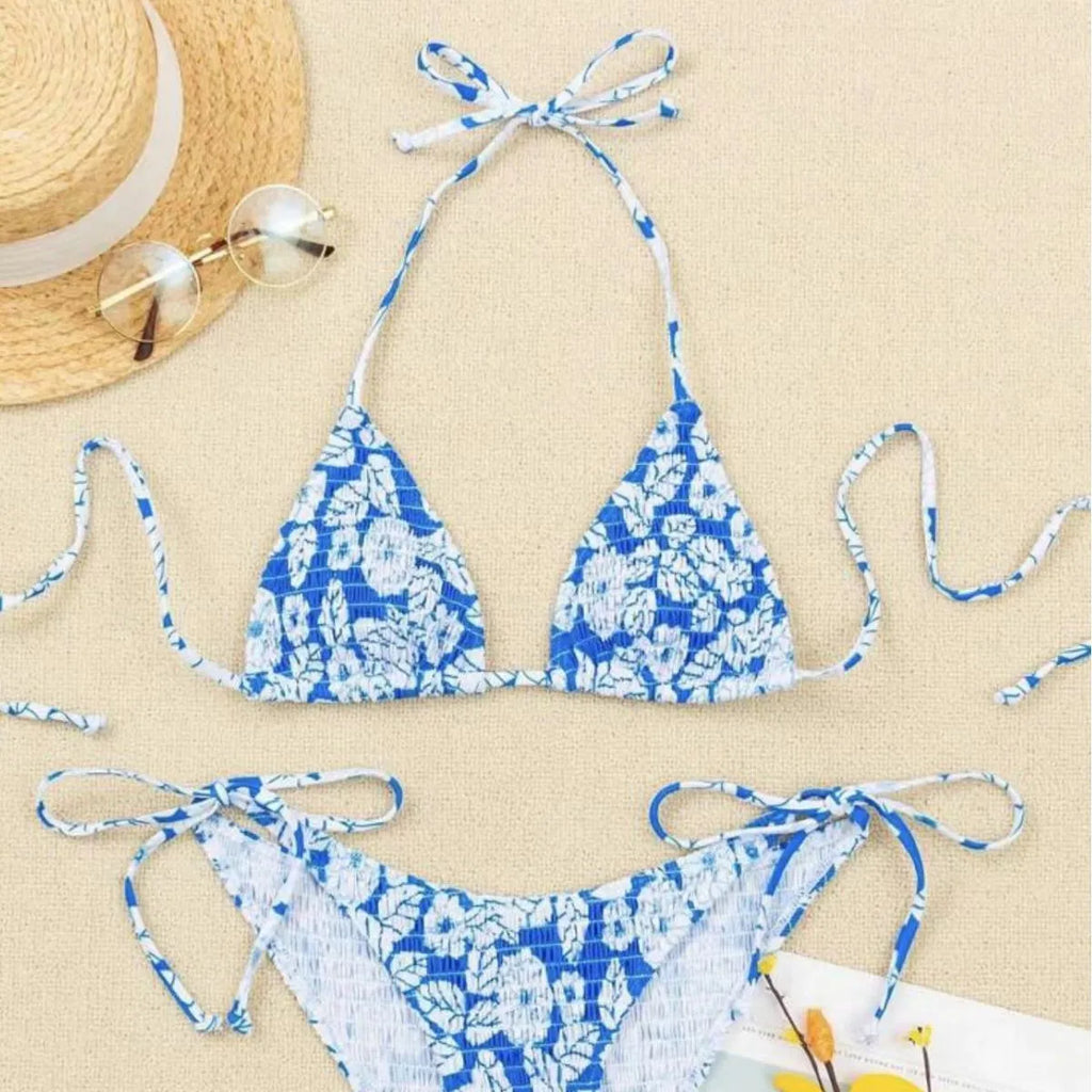 Women's halter swimsuit with floral pattern in multiple colour options