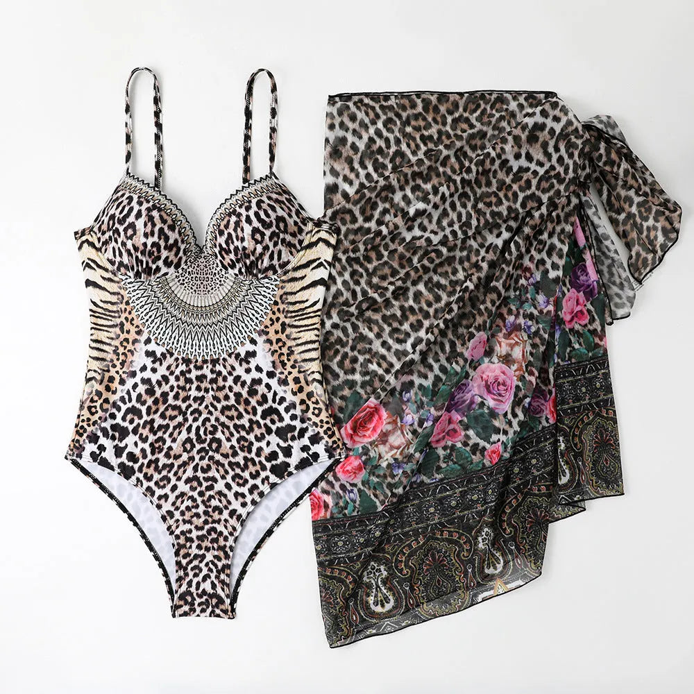 Women's leopard print one-piece swimsuit with matching mesh long dress cover-up