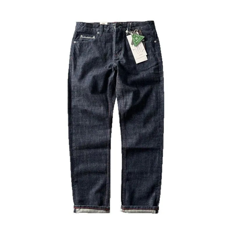 Men's straight leg cotton denim jeans in a primary colour, shown on a mid-waist fit model.