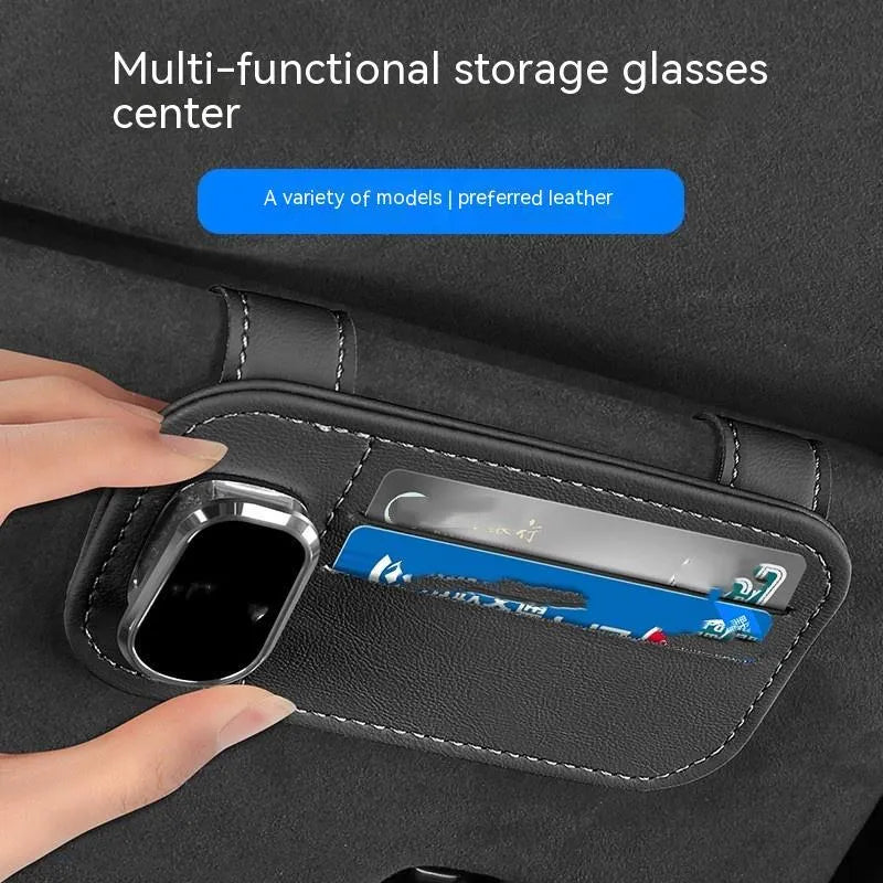 Leather car sun visor card holder with glasses clip function in multiple colour options